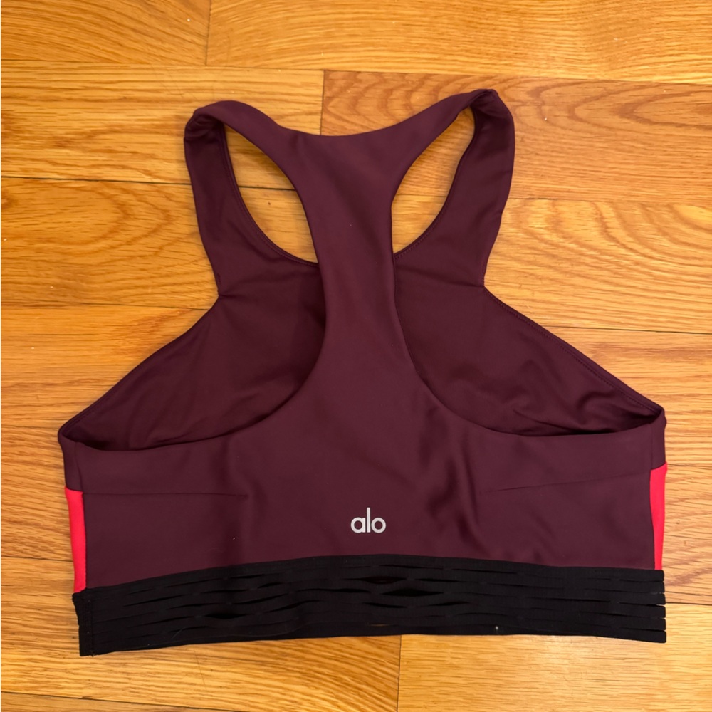 Alo purple and red sports bra top with strappy black trim
